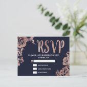Invitation Carte Postale Floral bleu marine et Rose or RSVP (Debout devant)
