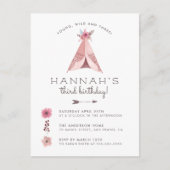 Invitation Carte Postale Floral Bohemian Teepee Young Wild & Three Birday (Devant)