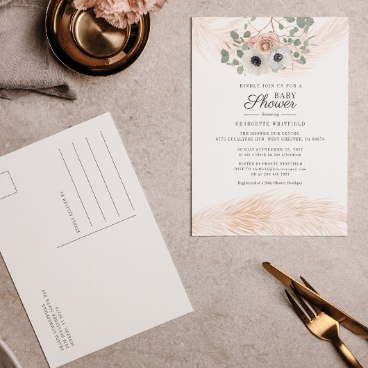 Invitation Carte Postale Floral Boho Pampas Grass Moderne Baby shower fille