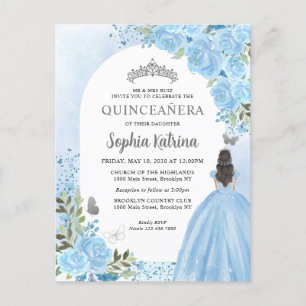 Invitation Carte Postale Floral Dusty Blue Princess Anniversaire Quinceaner