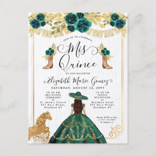 Invitation Carte Postale Floral Emerald Green Charra Princess Quinceanera