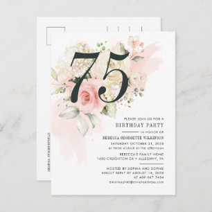 Invitation Carte Postale Floral Eucalyptus Foliage rose 75e fête d'annivers