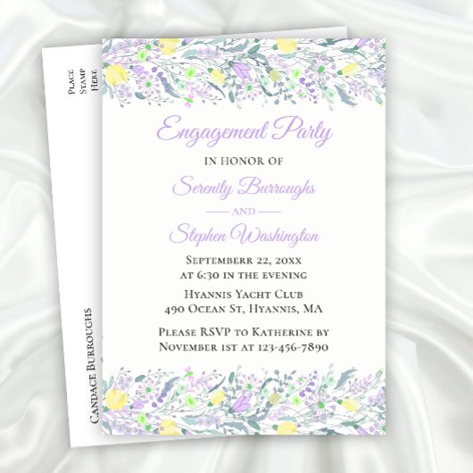 Invitation Carte Postale Floral Fleur sauvage Jaune violet Fleurs Fiançaill