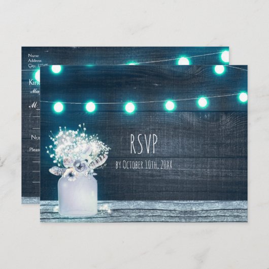 Invitation Carte Postale Floral Mason Jar & Blue String Lights Rustique RSV (Devant / Derrière)