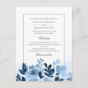 Invitation Carte Postale Floral moderne bleu aquarelle Mariage