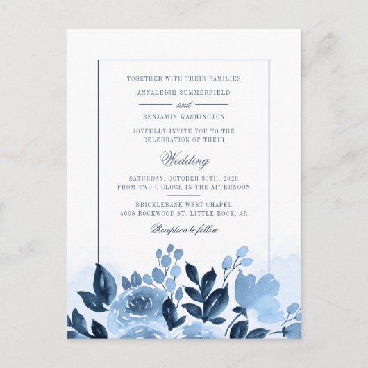 Invitation Carte Postale Floral moderne bleu aquarelle Mariage (Devant)