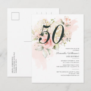 Invitation Carte Postale Floral rose 50e anniversaire fête botanique