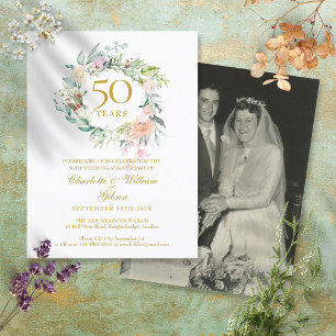 Invitation Carte Postale Floral rose 50e Anniversaire Mariage d'or Photo