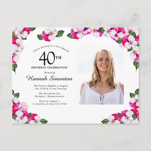 Invitation Carte Postale Floral rose blanc 40e anniversaire (Devant)