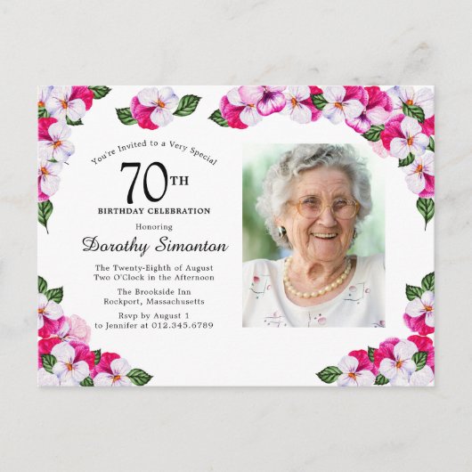 Invitation Carte Postale Floral rose blanc 70e anniversaire (Devant)