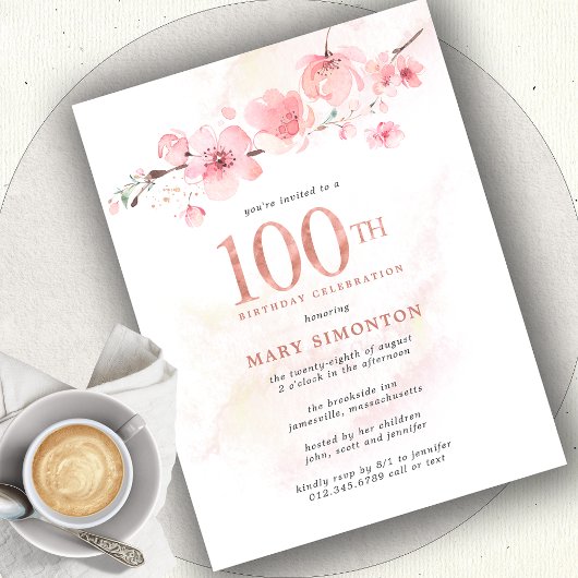 Invitation Carte Postale Floral rose pâle 100e anniversaire