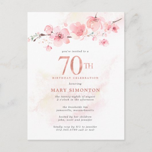 Invitation Carte Postale Floral rose pâle 70e anniversaire (Devant)