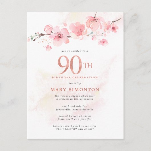 Invitation Carte Postale Floral rose pâle 90e anniversaire (Devant)
