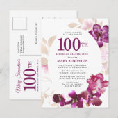 Invitation Carte Postale Floral rose pourpre 100e anniversaire (Devant / Derrière)