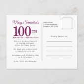 Invitation Carte Postale Floral rose pourpre 100e anniversaire (Dos)