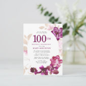 Invitation Carte Postale Floral rose pourpre 100e anniversaire (Debout devant)