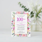 Invitation Carte Postale Floral rose pourpre 100e anniversaire (Debout devant)
