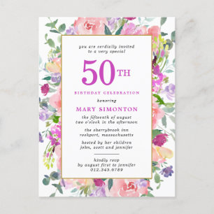 Invitation Carte Postale Floral rose pourpre 50e anniversaire
