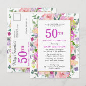 Invitation Carte Postale Floral rose pourpre 50e anniversaire (Devant / Derrière)