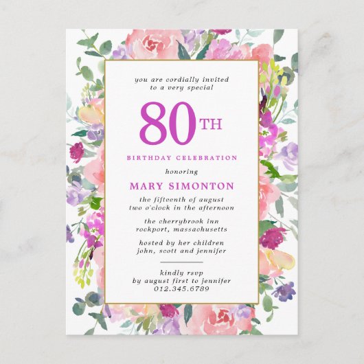Invitation Carte Postale Floral rose pourpre 80e anniversaire (Devant)