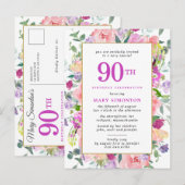 Invitation Carte Postale Floral rose pourpre 90e anniversaire (Devant / Derrière)