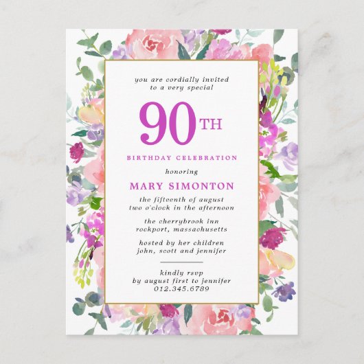 Invitation Carte Postale Floral rose pourpre 90e anniversaire (Devant)