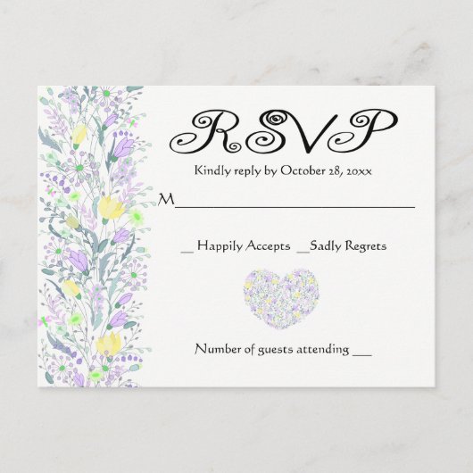 Invitation Carte Postale Floral Violet & Jaune RSVP Fleurs de mariage (Devant)