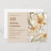 Invitation Carte Postale Florale d'or beige femme 50e anniversaire (Devant / Derrière)