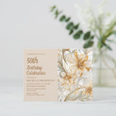 Invitation Carte Postale Florale d'or beige femme 50e anniversaire (Debout devant)