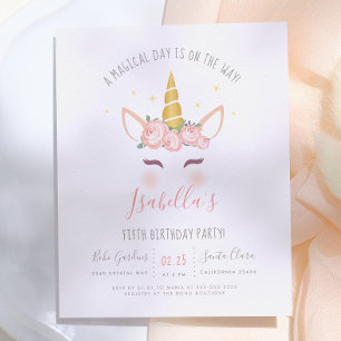 Invitation Carte Postale Florale d'or moderne Magie Unicorne fête d'anniver