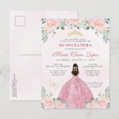 Invitation Carte Postale Florale rose pâle princesse Tiara Quinceañera (Devant / Derrière)