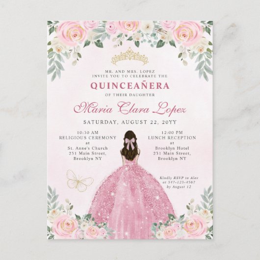 Invitation Carte Postale Florale rose pâle princesse Tiara Quinceañera (Devant)