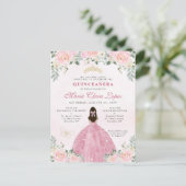 Invitation Carte Postale Florale rose pâle princesse Tiara Quinceañera (Debout devant)