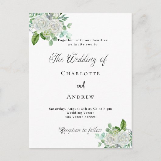 Invitation Carte Postale Floraux blancs mariages verdure simple élégant (Devant)