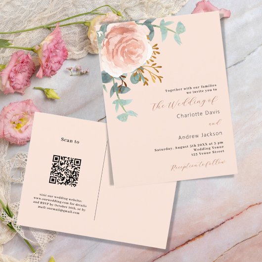 Invitation Carte Postale Floraux d'or rose verdure pêche QR RSVP mariage