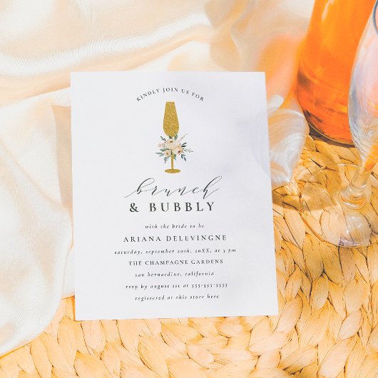 Invitation Carte Postale Flore Champagne Flute Bridal Brunch & Bubbly