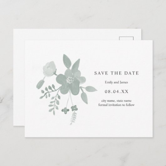 Invitation Carte Postale Flore d'aquarelle verte simple Enregistrer la date (Devant / Derrière)