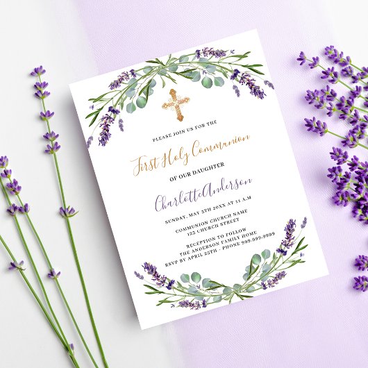 Invitation Carte Postale Flores de violet de lavande Première communion