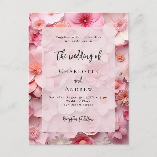 Invitation Carte Postale Flores rose mariage élégantes (Devant)