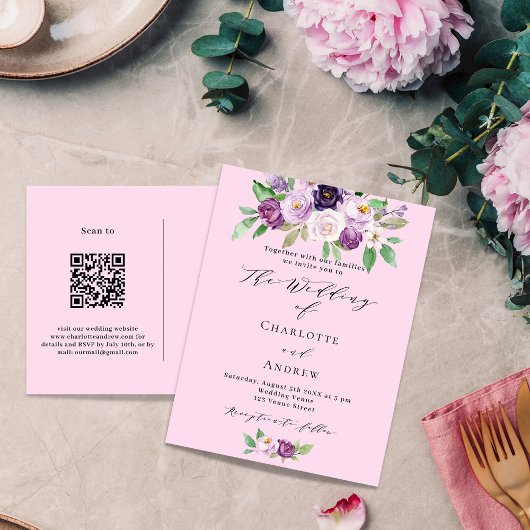 Invitation Carte Postale Flores rose violet QR détails code RSVP mariage