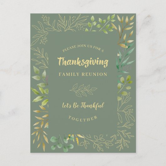 Invitation Carte Postale Foliole d'automne de Thanksgiving Vert aquarelle (Devant)