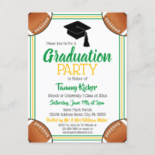 Invitation Carte Postale Football Green & Gold Graduation Party