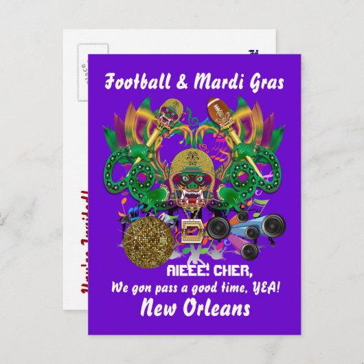 Invitation Carte Postale Football Mardi Gras Dragon King notes de vue S'il (Devant / Derrière)