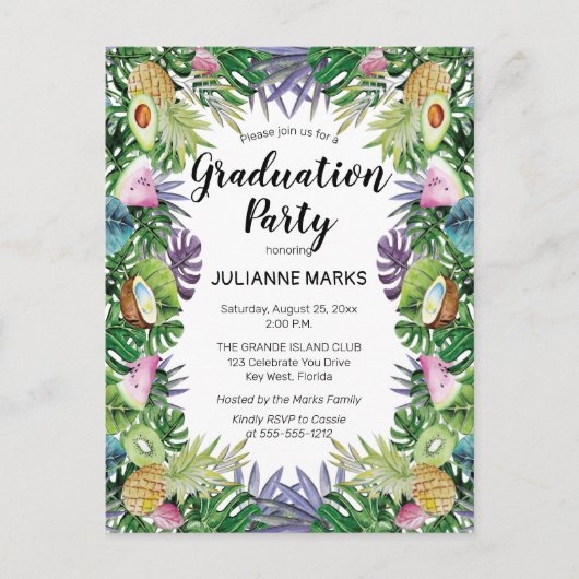 Invitation Carte Postale Fruit tropical | Green Summer Graduation Party (Devant)