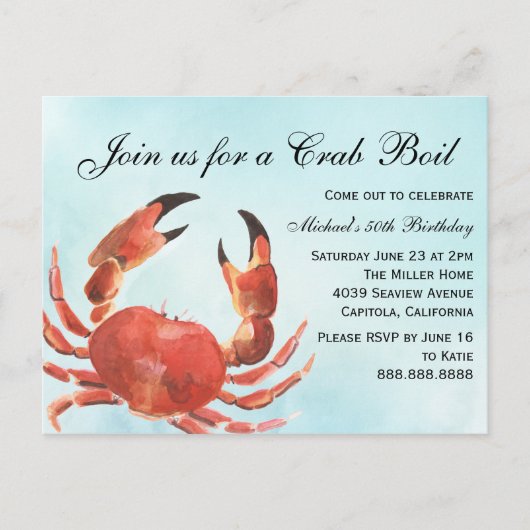 Invitation Carte Postale Fruits de mer Crabe bouil été fête d'anniversaire (Devant)