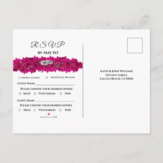 Invitation Carte Postale Fuchsia Orchidées sur mariage blanc RSVP- (Dos)