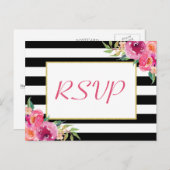 Invitation Carte Postale Fuchsia Violet Rouge Floral Or Mariage RSVP Répons (Devant / Derrière)