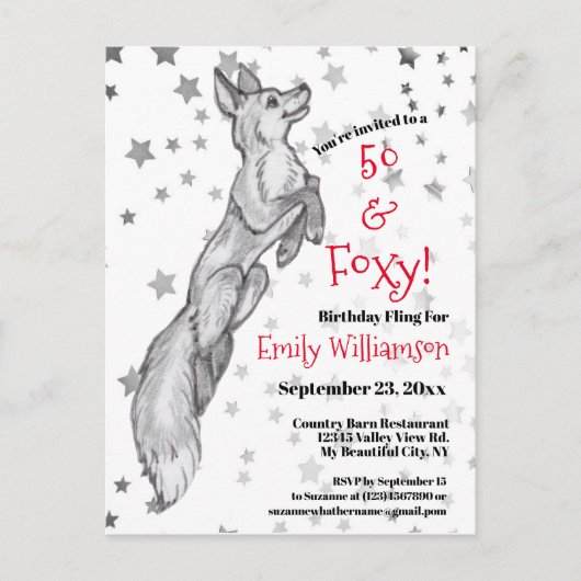 Invitation Carte Postale Fun 50e Black White Red Fox Star Foxy Anniversaire (Devant)
