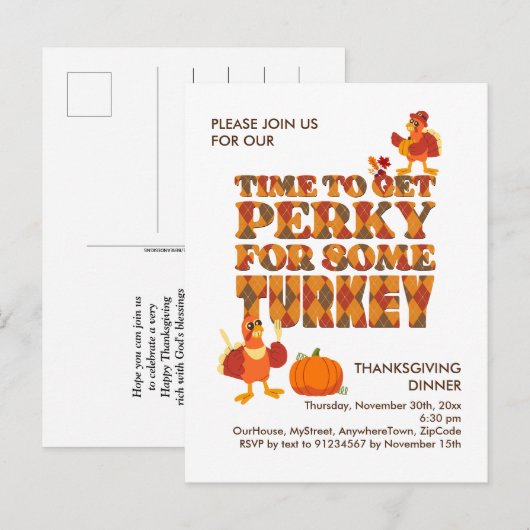 Invitation Carte Postale Fun PERKY POUR TURQUIE Dîner Thanksgiving (Devant / Derrière)
