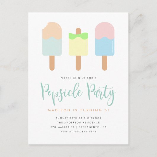 Invitation Carte Postale Fun Summer Pastel Popsicle Party Enfants Anniversa (Devant)